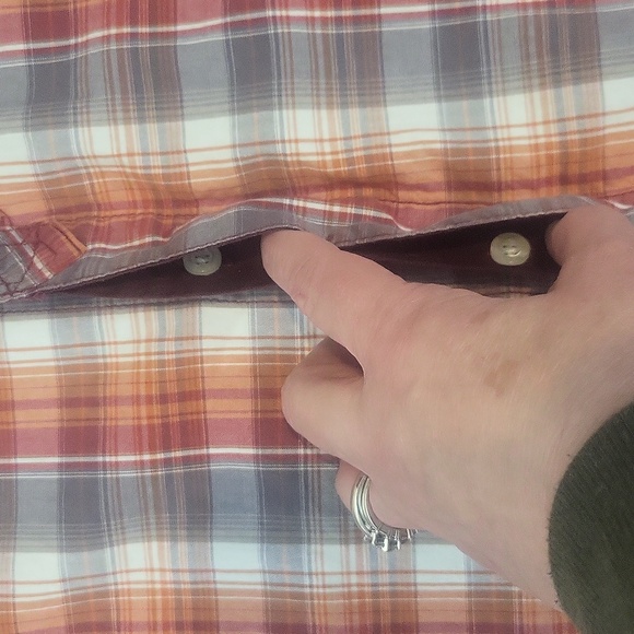 JEANSWEST Orange Red Gray Plaid Pearl Snap Pocket Roll-Tab Western Shirt - Picture 8 of 15